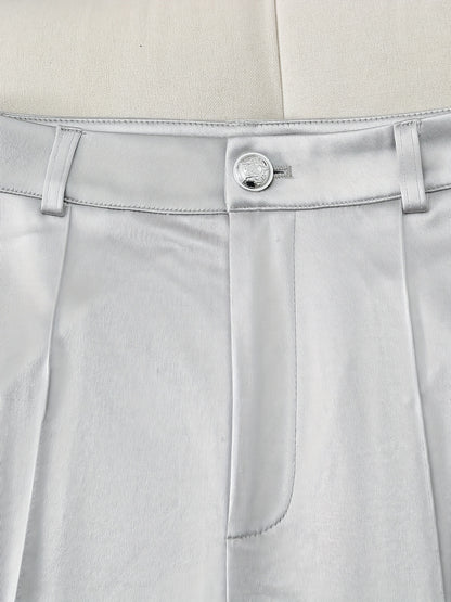 [Silvery Suit Set] Fortune-Attracting Fashionable and Elegant Silvery Double-Breasted Suit Jacket and Silvery Cool Trousers Set