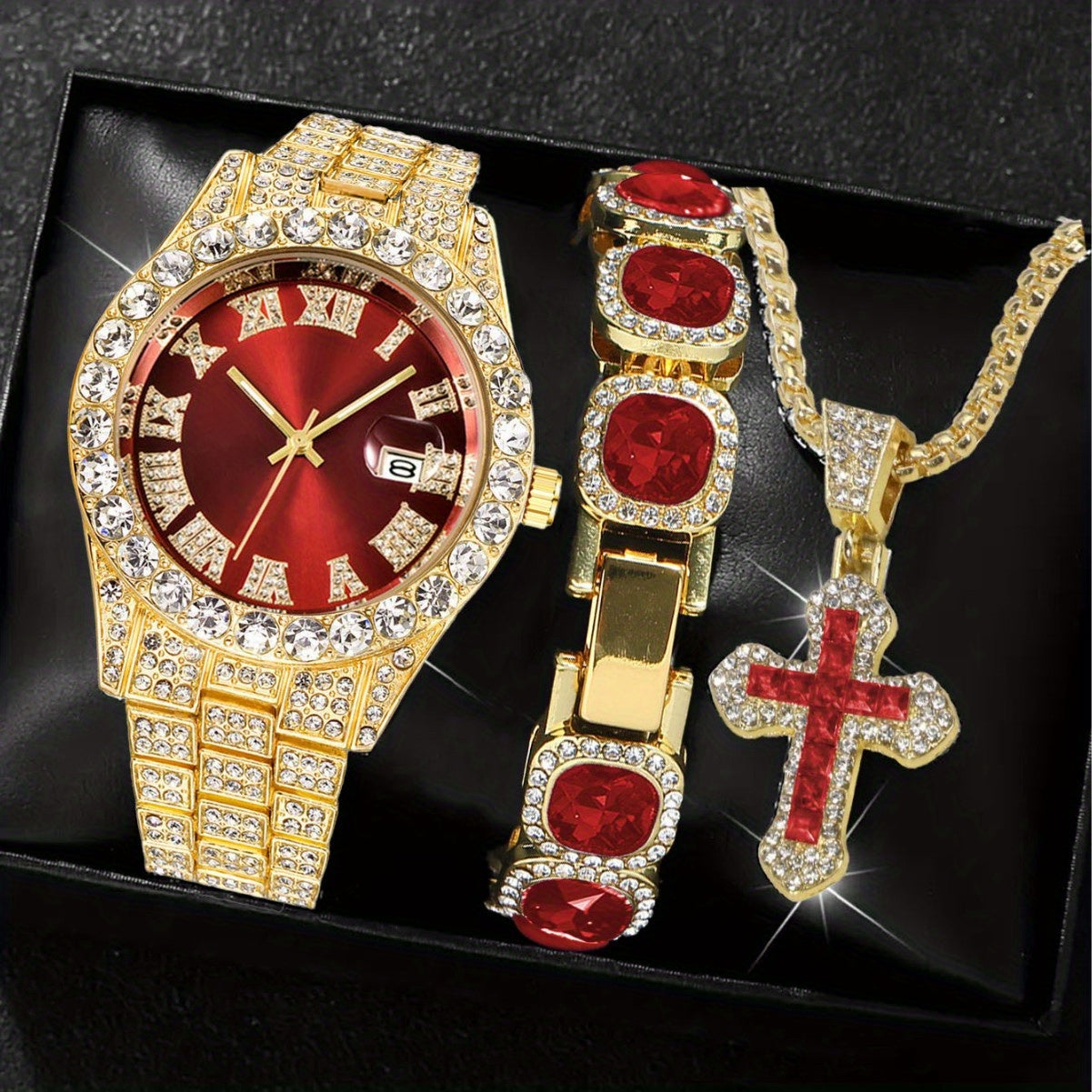 [Men's Watch Set] Luxury Men's Watch Set, Including Artificial Gemstone Bracelet and Cross Necklace, Roman Numeral Watch, Inlaid with Artificial Rhinestones, Perfect Gift for Men, Party Essentials