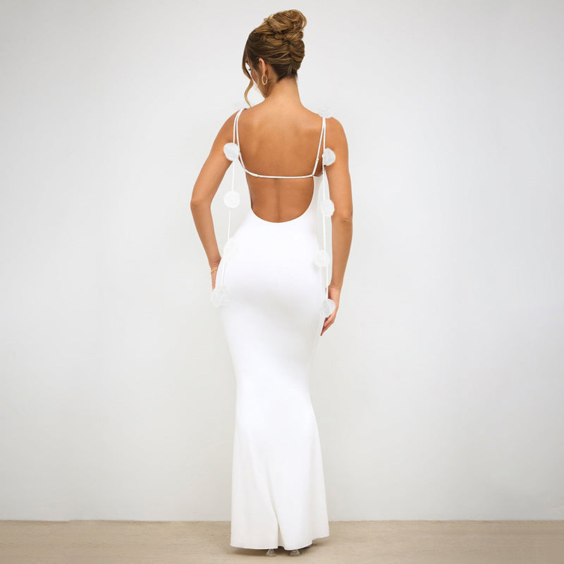 Women's Elegant Backless Evening Gown with 3D Flower Strap - Long Formal Wedding Dress, Prom Dress, Party Dress - Solid Color Round Neck All-Season Hand Washable Dress for Special Occasions