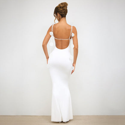 Women's Elegant Backless Evening Gown with 3D Flower Strap - Long Formal Wedding Dress, Prom Dress, Party Dress - Solid Color Round Neck All-Season Hand Washable Dress for Special Occasions