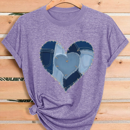 Women'S Fashion Graphic Tee, Theme Party Outfit, Local Warehouse Item, T Shirt For Women, Women Clothing Style, Heart Print Casual Top, Comfortable Blend Fabric, Breathable, All-season, Crew Neck, Short Sleeve, Machine Washab