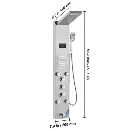 VEVOR Shower Panel System, 6 Shower Modes, LED & Screen Hydroelectricity Shower Panel Tower, Rainfall, Waterfall, 5 Massage Jets, Tub Spout, Handheld Shower, Stainless Steel Wall-Mounted Shower Set