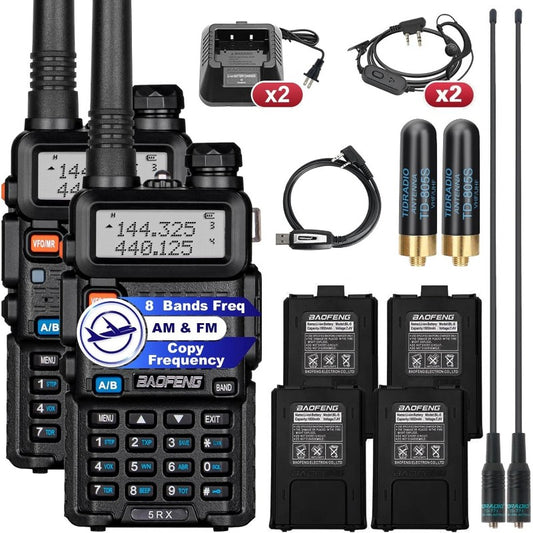 Baofeng 5RX Ham Radio Upgraded of UV 5R Multi Band Receiving Two Way Radio with 4pcs Battery VHF 1 25M UHF AM FM Reception DTMF VOX SCAN Dual Watch Walkie Talkie with Earpiece 771 Antenna 2 Pack