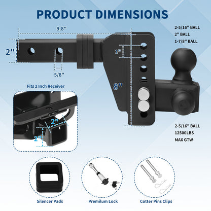 Adjustable Trailer Hitch with Tri-Ball Mount - 6" Drop/Rise, Fits 1-7/8", 2", 2-5/16" Receivers, Up to 12, 500 LBS GTW, Weatherproof Powder-Coated Finish, Double Anti-Theft Locking Pins, Ideal for RVs, Boats, and More, Traile
