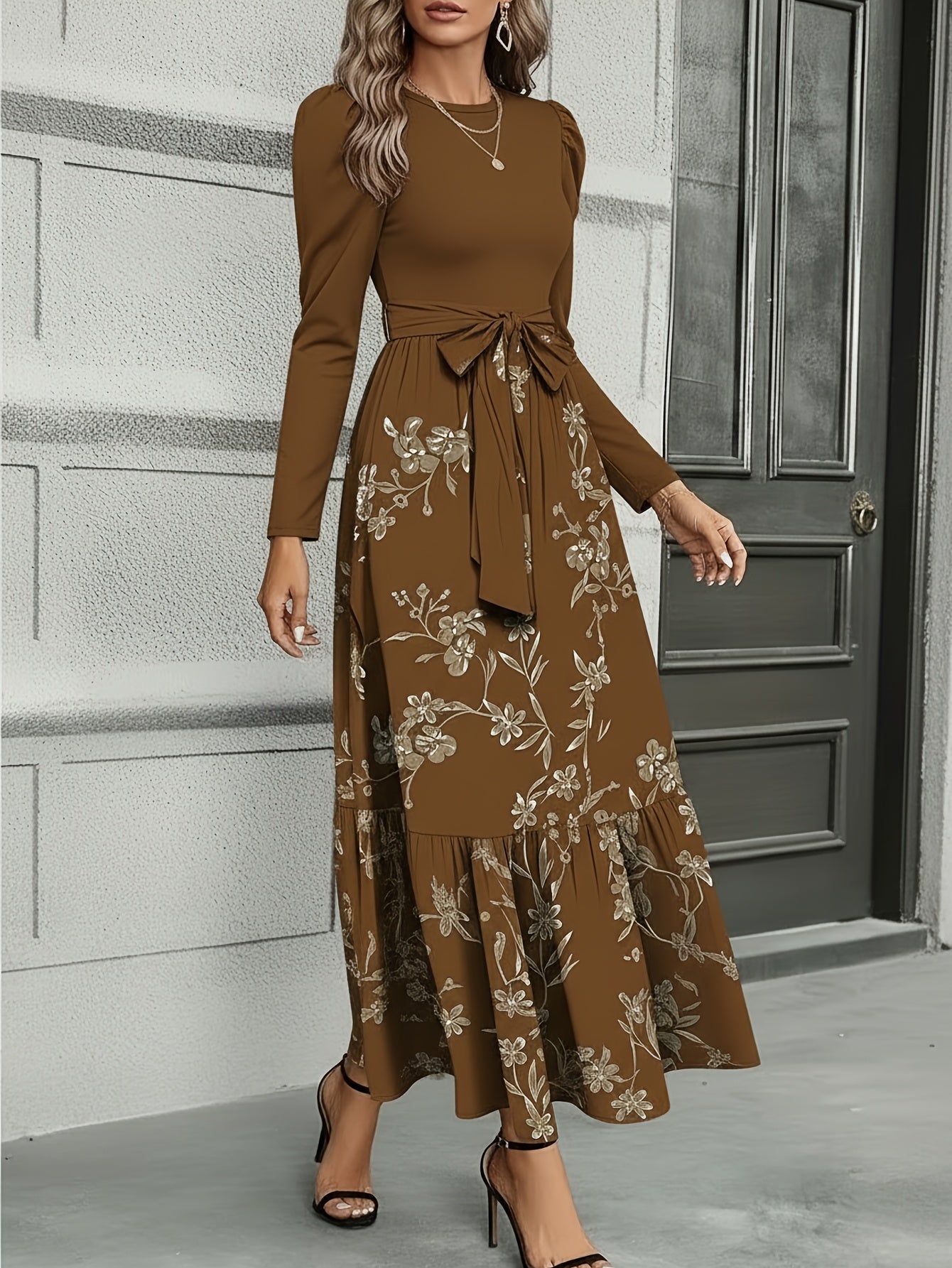 Women'S Navy Blue Floral Tie-Waist Maxi Dress | Retro Elegant Style, Suitable for Daily Streetwear, Light Social Occasions, and Chic Gatherings