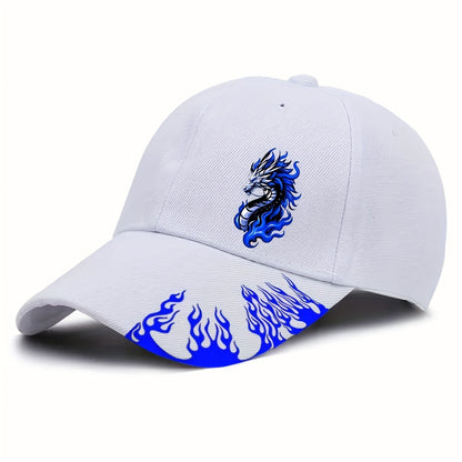 1pc Black Baseball Cap with Blue Flame Dragon Print - Adjustable Street Style Outdoor Sports Hat for Men, Curved Brim Design, Casual Streetwear Accessory | Flame Motif Cap | Adjustable Baseball Cap