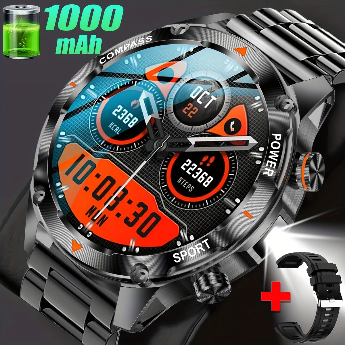 COIUSOR Smart Watch with 1000mAh Long Battery Life, High Quality, 1.46" HD Screen, Wireless 5.0, Built-in Flashlight, Wireless Calling, Step/Distance/Calorie Tracker, -like Navigation, Music Control & Smart Alarm - / Compatib