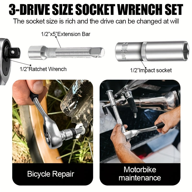 171pcs High-end Professional Tool Set, Torque Wrench, 1/2"*3/8" Drive Depth And Standard Socket, Suitable for Car And Bicycle Repair Tools, Auto Parts Repair, Home Essential