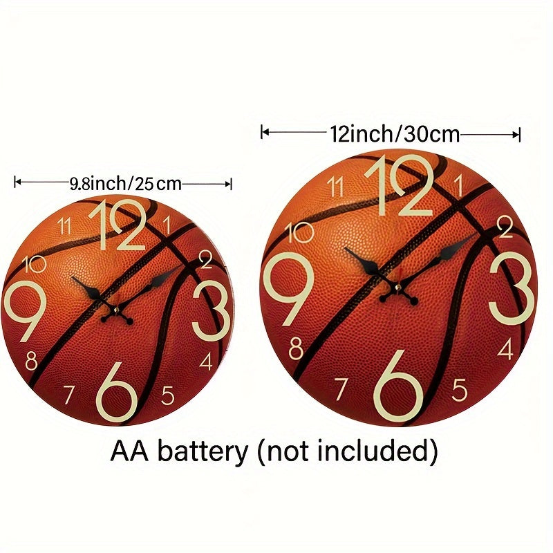 1pc Basketball-Themed Round Wall Clock with Wooden Frame, Silent & Battery-Powered (AA Battery Not Included), Ideal for Bedroom, Living Room, Office, Kitchen, or Bathroom Decor, Sports Room Accent|Basketball Design|Silent Ope