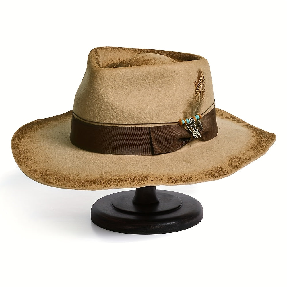 Unisex Vintage Wool Felt Hat with Turquoise-like Feather-Like Ribbon & Feather-Like Pendant - Wide Brim Western /Cowgirl Hat for &, Casual Outdoors, Parties, Daily Wear - Beige/Brown Retro Jazz
