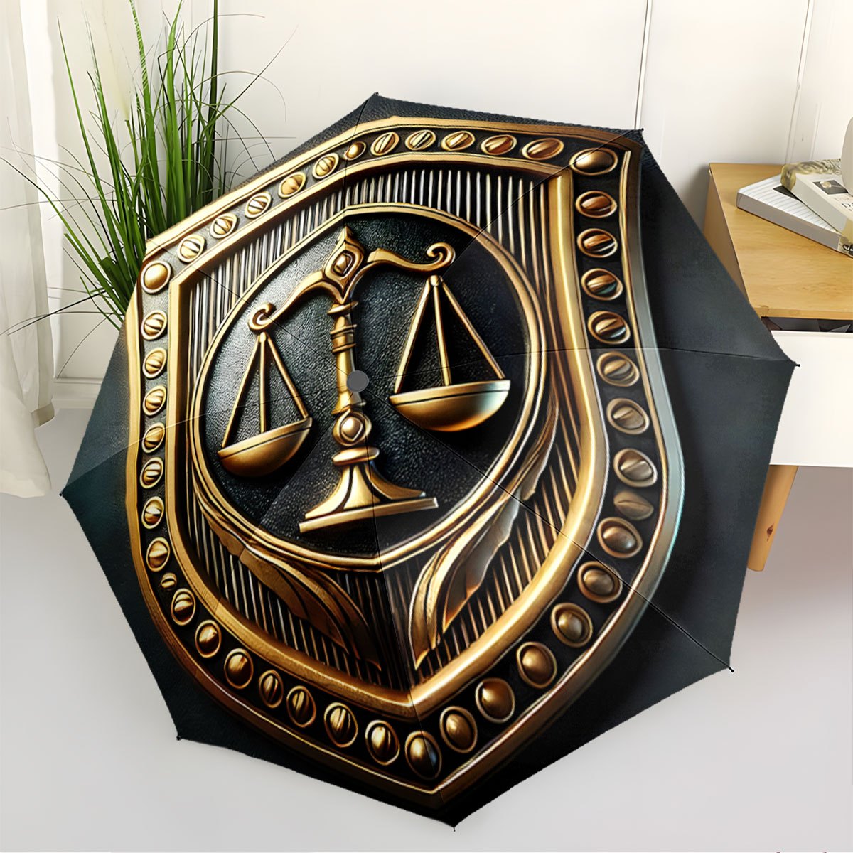 Automatic Folding Umbrella Golden scales of justice emblem. Portable collapsible design, casual outdoor accessory, for all seasons, Christmas birthday festival gift