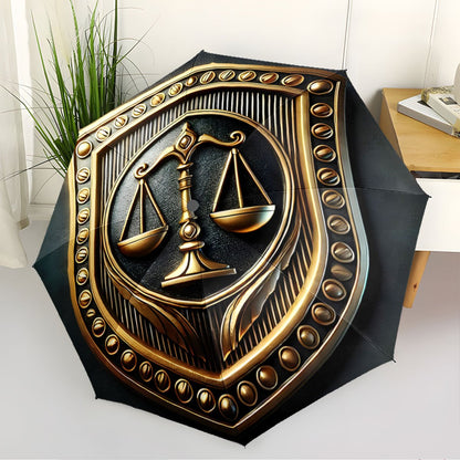 Automatic Folding Umbrella Golden scales of justice emblem. Portable collapsible design, casual outdoor accessory, for all seasons, Christmas birthday festival gift