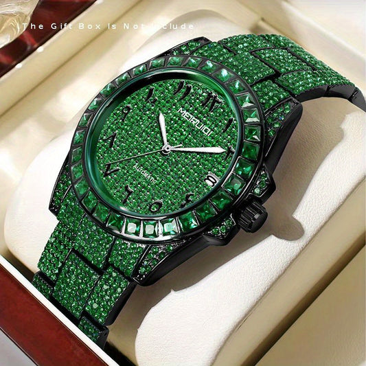 1pc Men's Luxury Green Tourbillon Mechanical Watch with Automatic Movement, 4-Hand Display (Hour/Minute/Second/Chronograph) - -Green Dial, Golden Hands & Black Bezel, Steel Band, Calendar, Mechanical Tourbillon Mechanism, No