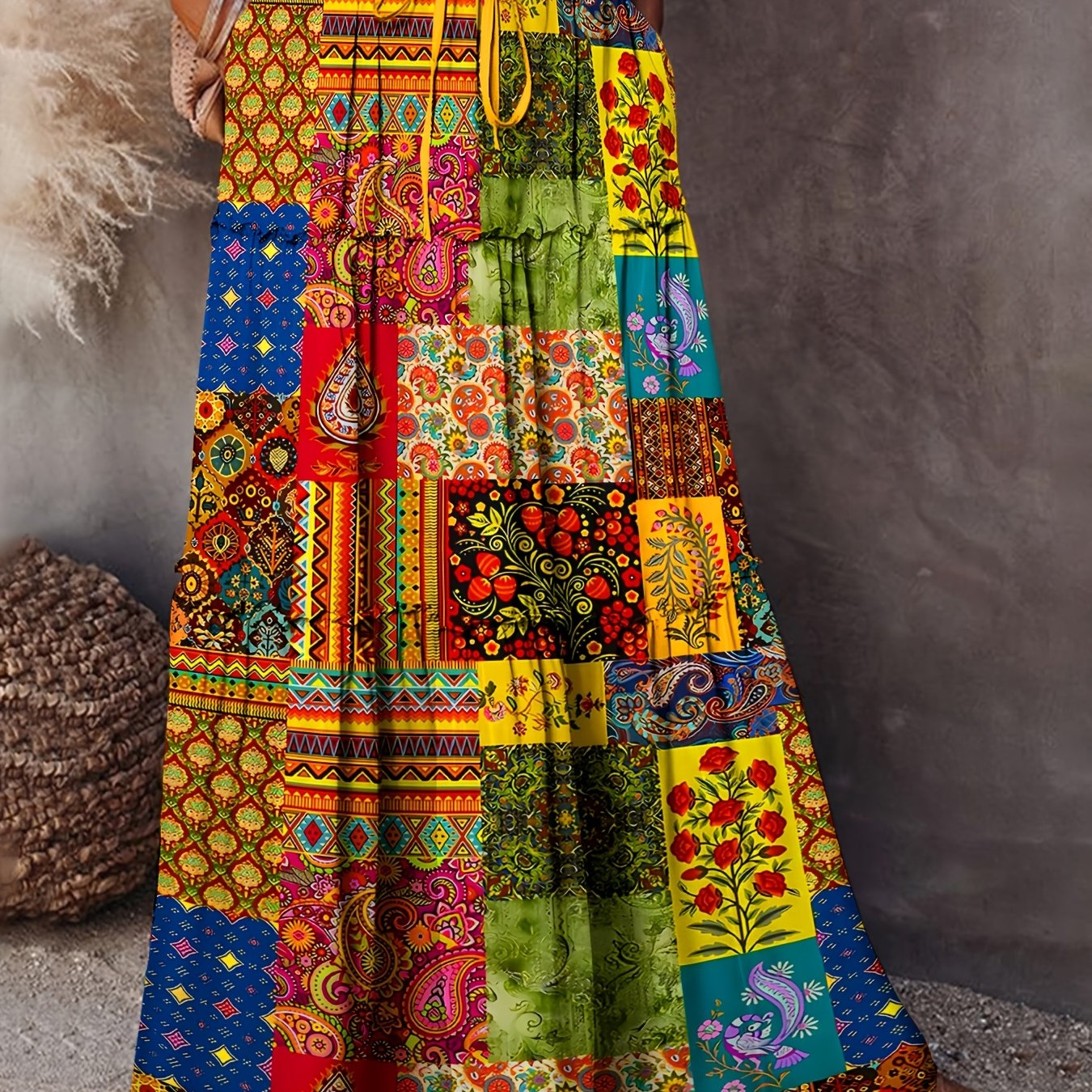 1pc Bohemian Style Women'S Maxi Skirt, 2024 Spring/Summer Collection, 100% Polyester, Geometric-Patterned, Casual Long Skirt with Frill Detail and Patchwork Design, Woven Fabric