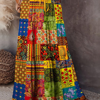 1pc Bohemian Style Women'S Maxi Skirt, 2024 Spring/Summer Collection, 100% Polyester, Geometric-Patterned, Casual Long Skirt with Frill Detail and Patchwork Design, Woven Fabric