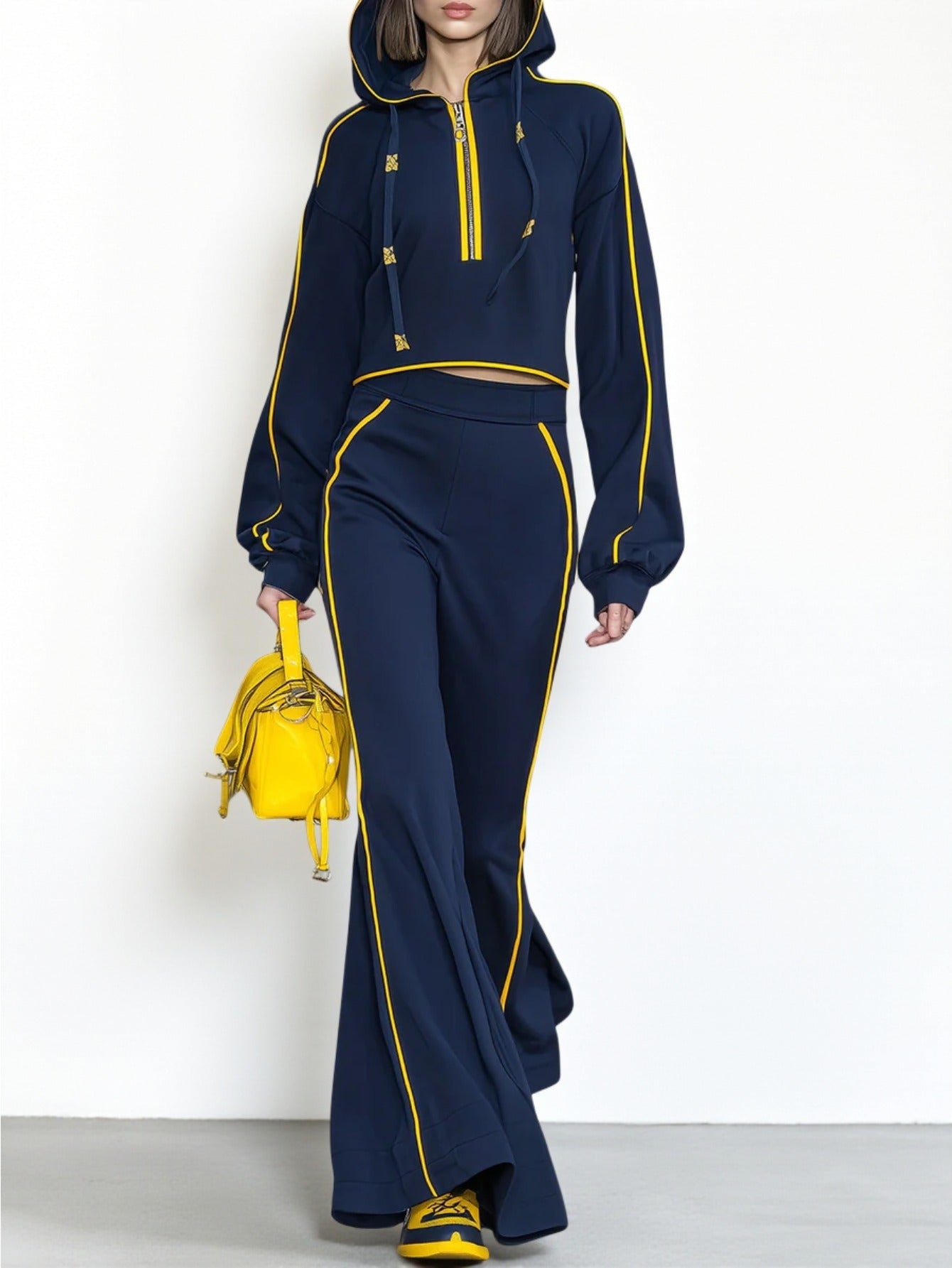 Navy Blue with Yellow Stripes Hooded Half-Zip Cropped Top + Wide-Leg Pants Women'S Suit Set | Stylish Trendy Minimalist Commute Vibe Perfect for Daily Outings, Leisure Commutes & Relaxed Outdoor Multi-Scene Looks | Solid Colo