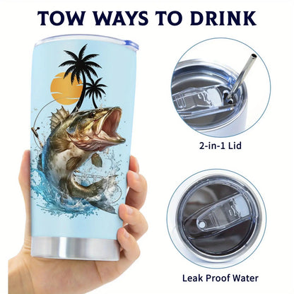 1pc 20oz Stainless Steel Insulated Fishing Tumbler with Cleaning Brush - Double-Wall Vacuum Insulation, Leakproof & -Slip Grip, BPA-Free Travel Mug with Fish Design & "Eat Sleep Fish Repeat" Slogan, Spill-Resistant Lid for Ho