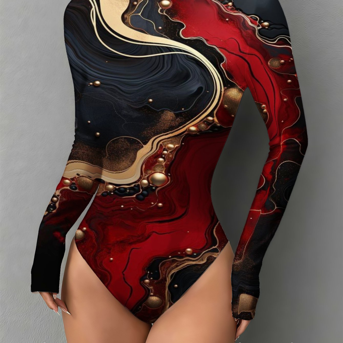 Women's Elegant Marble Red Golden Print Mock Neck Bodysuit - Slim-Fit Long Sleeve Jumpsuit, Red & Golden Marble, Machine Washable, Holiday Wedding Guest Attire, Ultra-Casual Wear - Exclusively Designed for Women