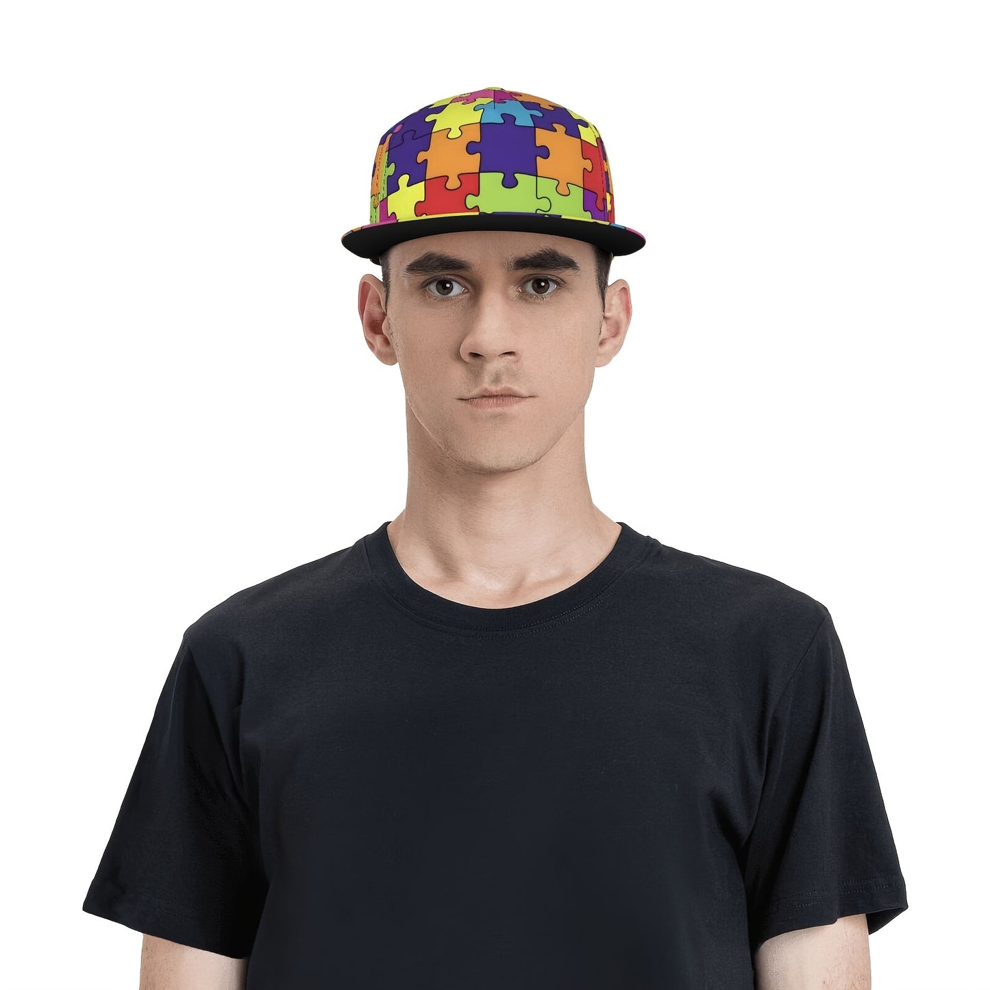 Colorful Puzzle Pattern Baseball Cap - Adjustable, Lightweight Polyester Flat Brim Hat with Vibrant Cartoon Design, Ideal for Family Gift, Mother'S Day & Father'S Day, Beach & Sports Cap|Playful Accessory|Machine Washable Hat
