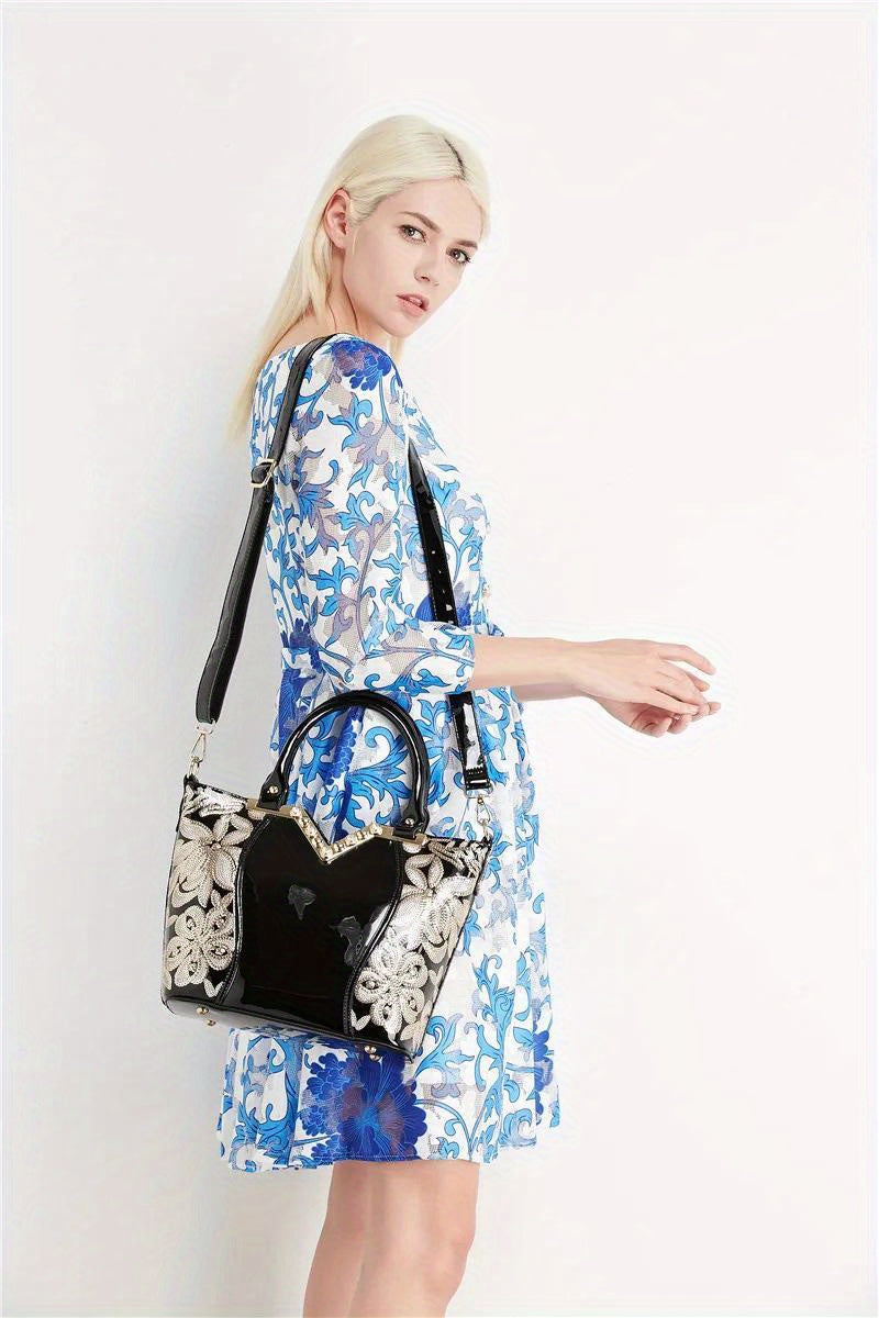 Designer Floral Embroidery Patent Leather Handbag for Women, Large Capacity Shoulder Tote with Zipper Closure, Polyester Lined, Paint Detail, Party Bag