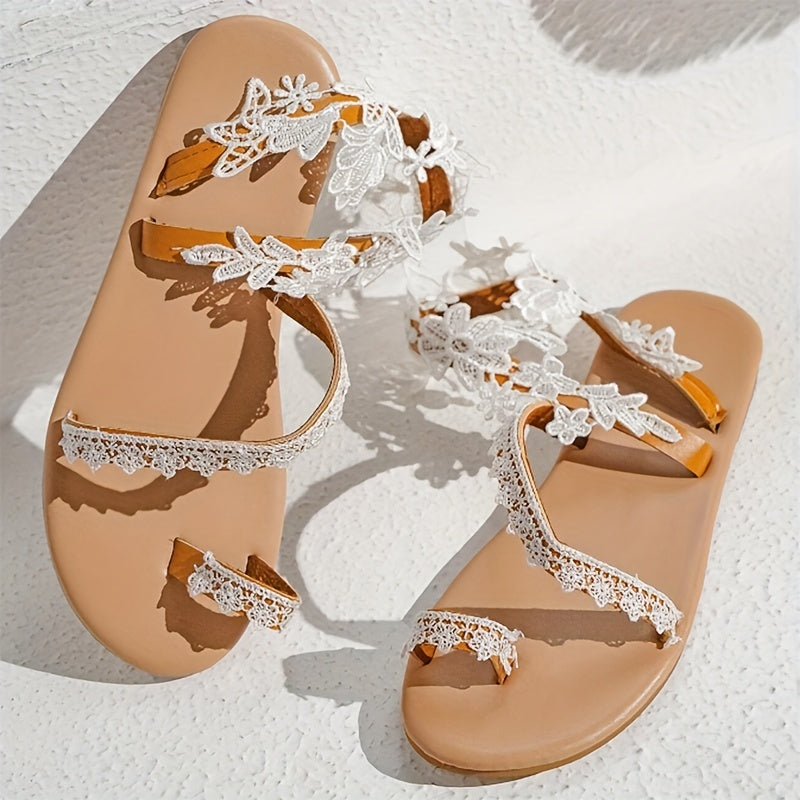 Women's White Lace-like Faux Cover-like Sandals - Moccasin Toe & Ankle Strap with Arch, Lace-Up Closure & Loop - Breathable PU Sole Beach Shoes for Summer, Casual or Semi-Formal Events - Faux Cover Lining & Arch - Elegant Whi