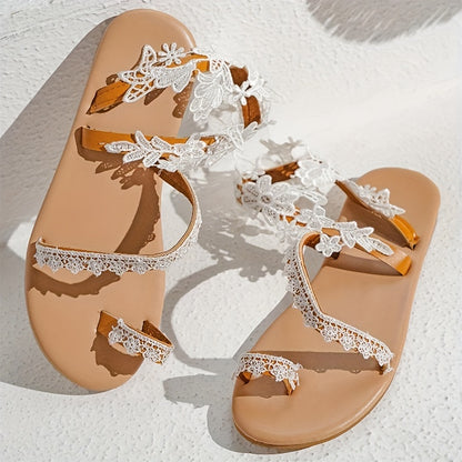 Women's White Lace-like Faux Cover-like Sandals - Moccasin Toe & Ankle Strap with Arch, Lace-Up Closure & Loop - Breathable PU Sole Beach Shoes for Summer, Casual or Semi-Formal Events - Faux Cover Lining & Arch - Elegant Whi