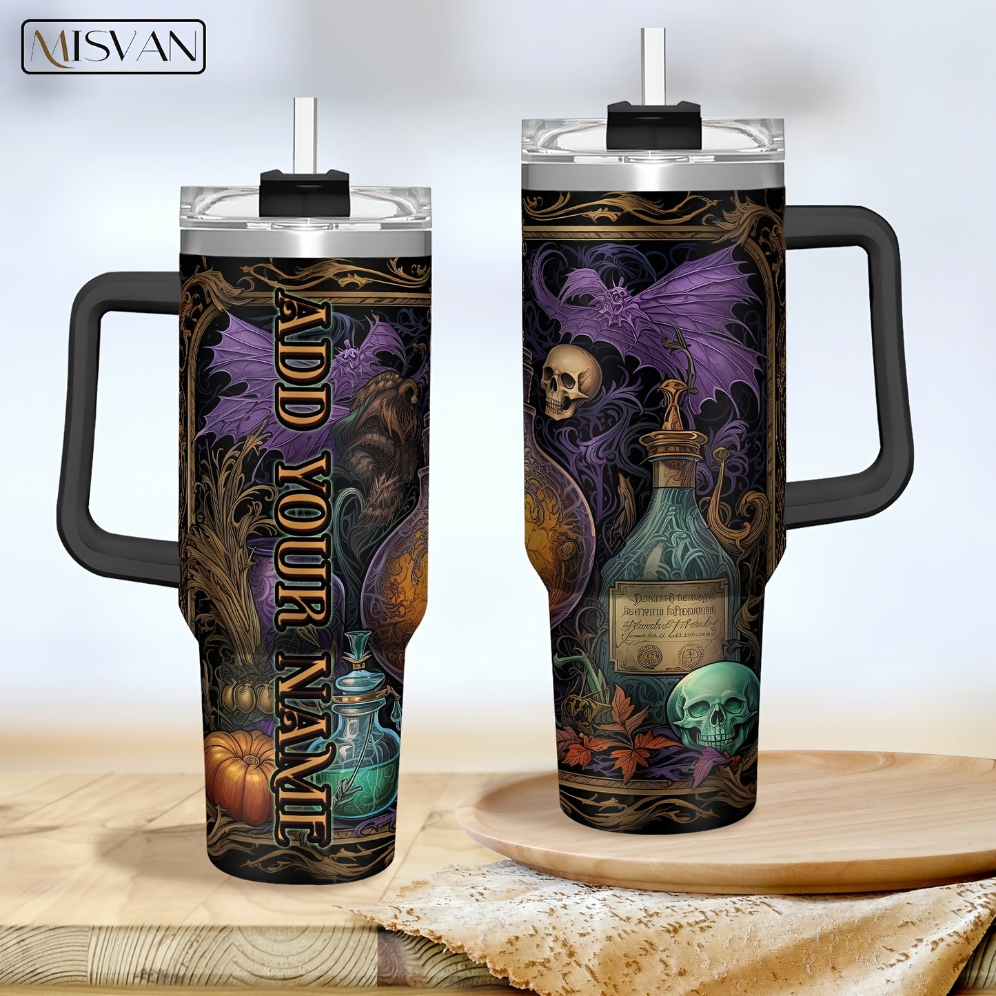 1pc MISVAN Magic Potion-Themed Tumbler with Your Name/Text - Double-Wall Vacuum Insulated Stainless, Straw & Handle, Travel Mug Suitable for Adults, Ideal for Christmas, Halloween Gifts, Magic-Themed Drinkware