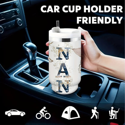 1pc 30oz Floral NANA Stainless Steel Insulated Tumbler with Lid & Straw, Double-Wall Vacuum Insulated Cup for Hot & Cold Drinks, Perfect for Outdoor Travel, Birthday & Holiday Gifts, Travel Drinkware | Floral Pattern Tumbler