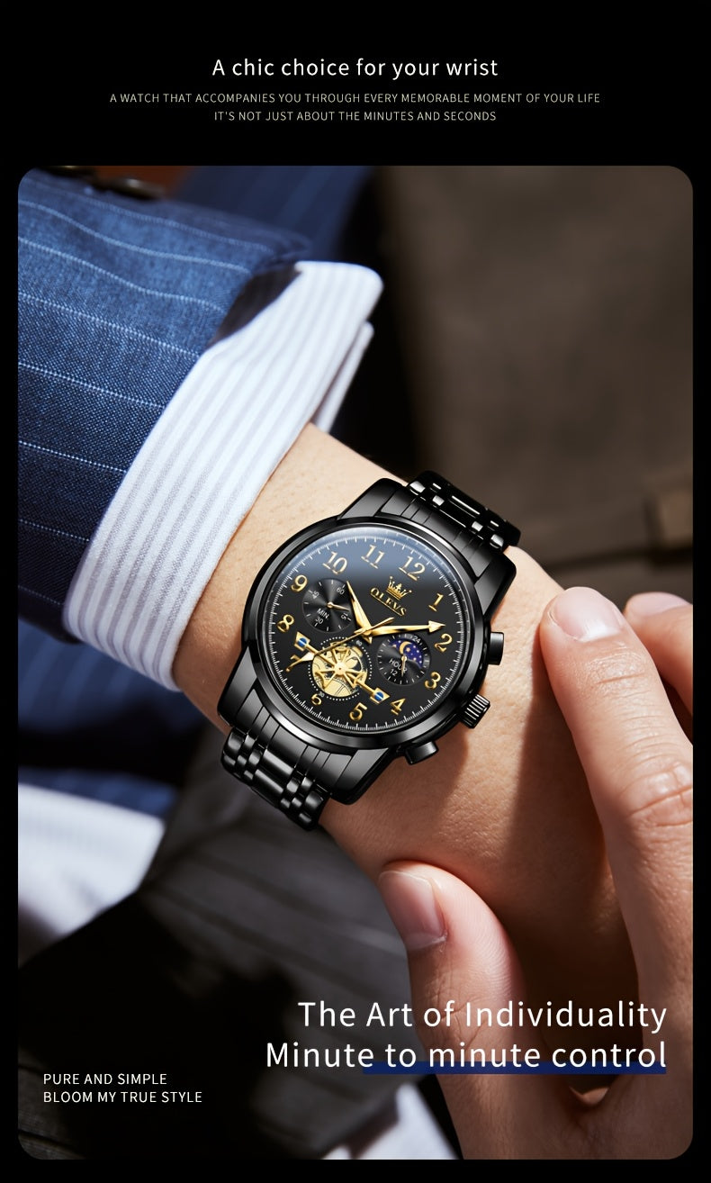 OLEVS Men's Luxury Multifunctional Quartz Watch - Stainless Steel Luminous Analog Watch with Moon Phase, Chronograph, Date/Day/24H Indicator, Golden-Tone & Bracelet for Business, Casual, Casual Attire - Dress Watch