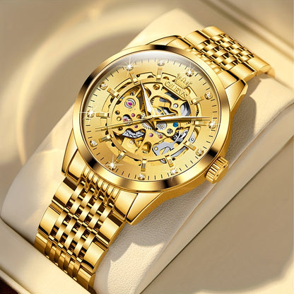 OLEVS Men'S Luxury Skeleton Watch - Automatic Mechanical Self-Winding, Luminous Hands & Double-Sided Openwork Case, Stainless Steel Business Chronograph Watch with Exposed Movement, No Battery/Electricity-Free Operation for F