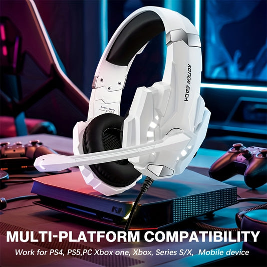 Gaming Headset for PS4 PS5pcs Xbox One Controller, Noise Cancelling Over Ear Headphones with Mic, LED Light, Bass Surround, Soft Memory Earmuffs for Laptop Mac