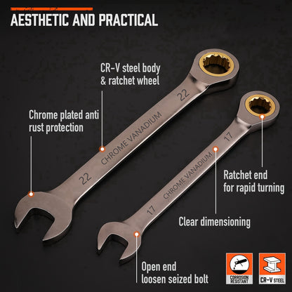 12pcs Professional Ratcheting Wrench Set, 1/4" to 7/8" (6mm-22mm), 72 Teeth, Carbon Steel and Chrome Vanadium, Metric & Imperial, Plastic Stand Included, Tool Organization | Compact Design | Durable Construction, Wrench Set