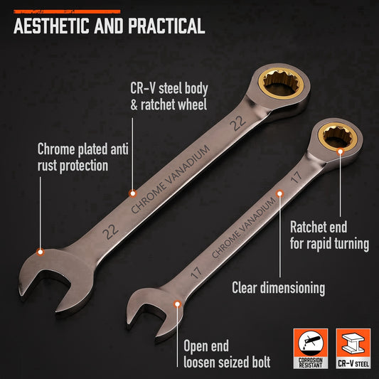 12pcs Professional Ratcheting Wrench Set, 1/4" to 7/8" (6mm-22mm), 72 Teeth, Carbon Steel and Chrome Vanadium, Metric & Imperial, Plastic Stand Included, Tool Organization | Compact Design | Durable Construction, Wrench Set
