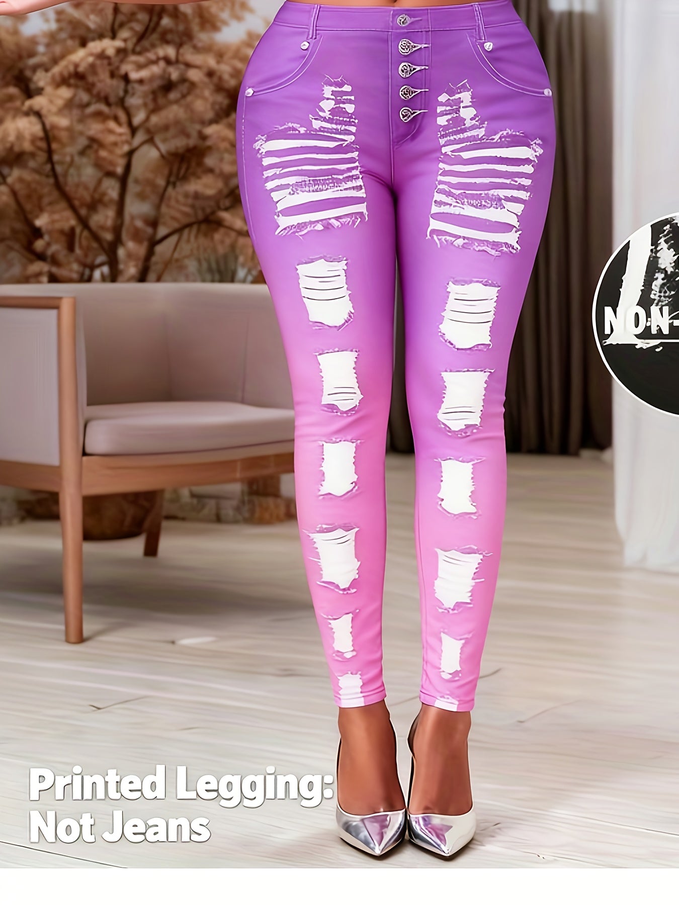 [Printed Pants - Not Denim Fabric] Printed Legging - Not Denim Fabric - Christmas Plus Size Women's Digital Print Denim-Look Leggings, Stretch Polyester, All-Season Casual Slim-Fit Pants, Regular Fit, Adult Sizes, Machine Was
