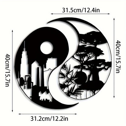 Elegant Yin Yang Metal Wall Art Set of 2 - 15.7" Urban & Landscape Sculptures, Indoor/Outdoor Iron Decor for Home, Patio, Balcony - Perfect Housewarming Gift