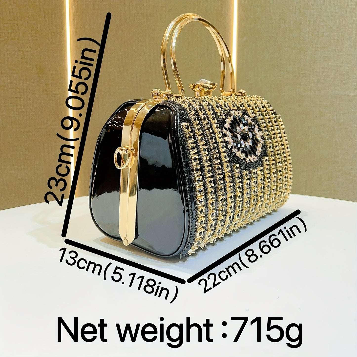 Glamorous Black & Golden Rhinestone Embellished Clutch with Detachable Strap - Sparkly Geometric Evening Bag for Parties, Banquets, and Formal Gatherings, Banquet Accessory | Polyester Construction, Party Purse