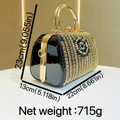 Glamorous Black & Golden Rhinestone Embellished Clutch with Detachable Strap - Sparkly Geometric Evening Bag for Parties, Banquets, and Formal Gatherings, Banquet Accessory | Polyester Construction, Party Purse