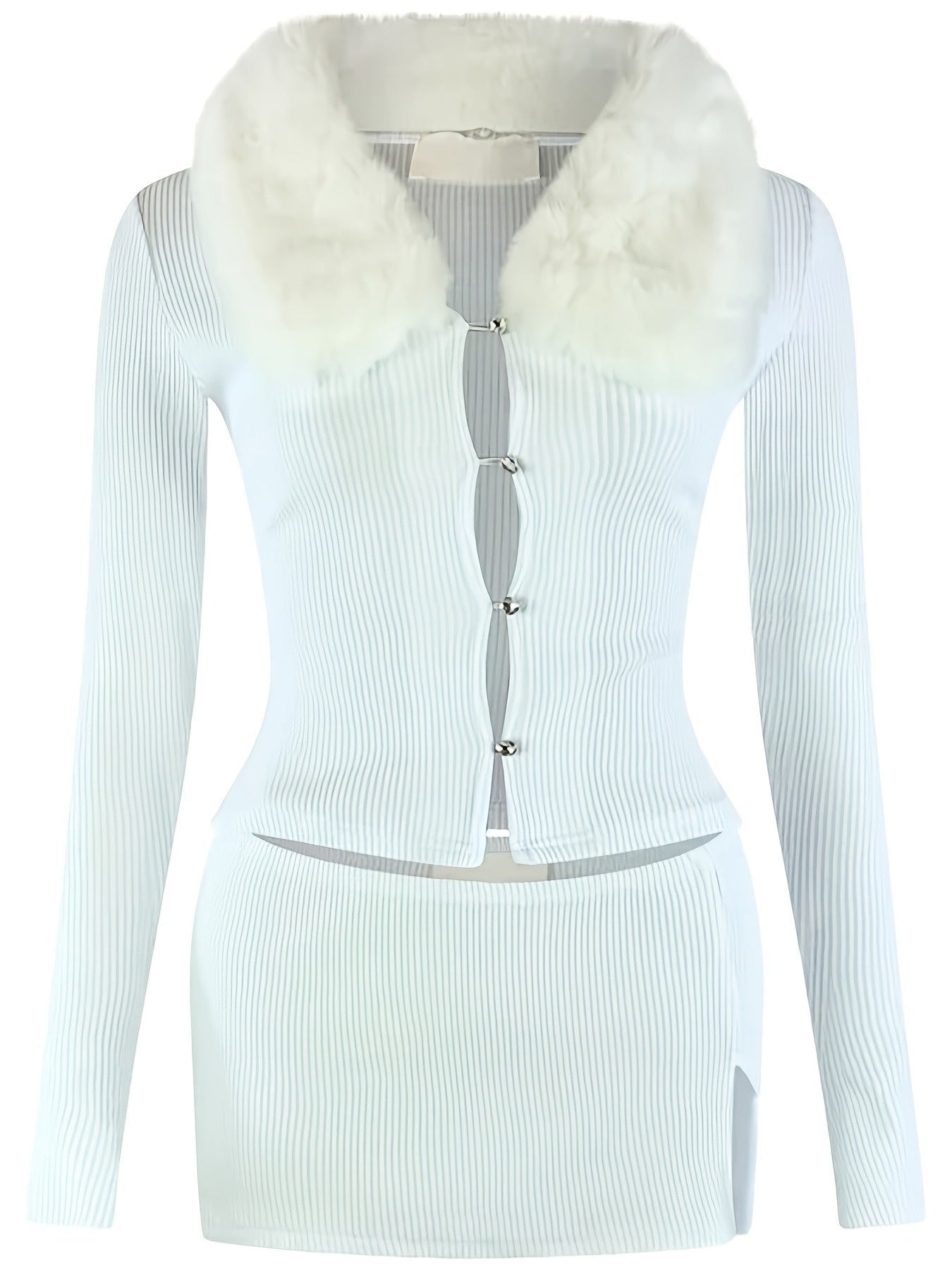 A Set Featuring a Skirt with a Hollowed-Out Design And a Fur Collar.