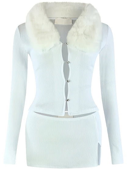 A Set Featuring a Skirt with a Hollowed-Out Design And a Fur Collar.