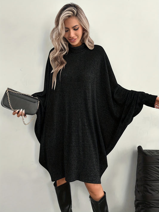 [Batwing Sleeve Dress] Women's Solid Color High Neck Batwing Sleeve Dress