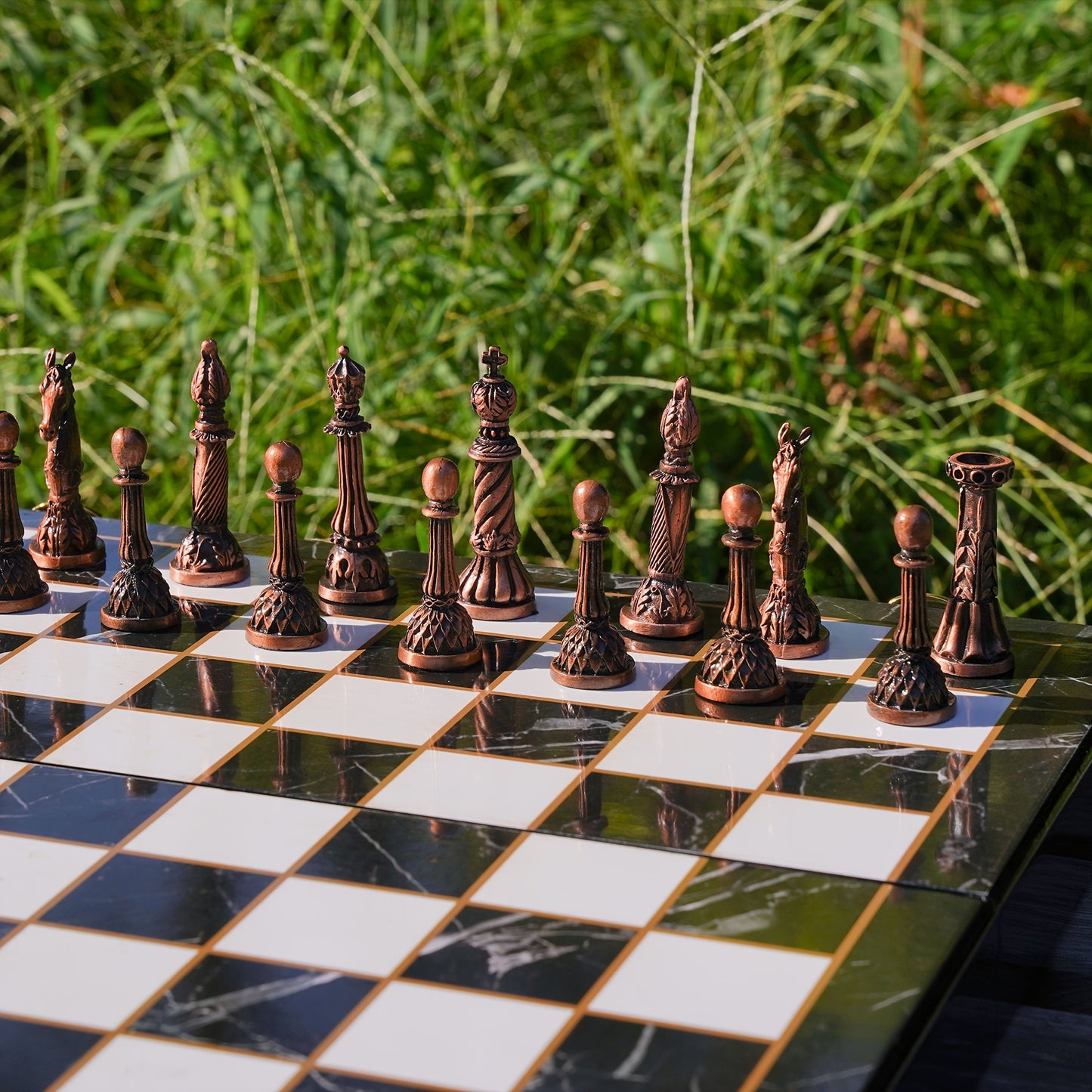 15 Inch Retro Metal Chess Set for Adults Marbling Chess Board with Chess Pieces Travel Chess Set with Metal Pieces Folding Chessboard Ideal for Beginners And Professional Players Halloween, Christmas Gift