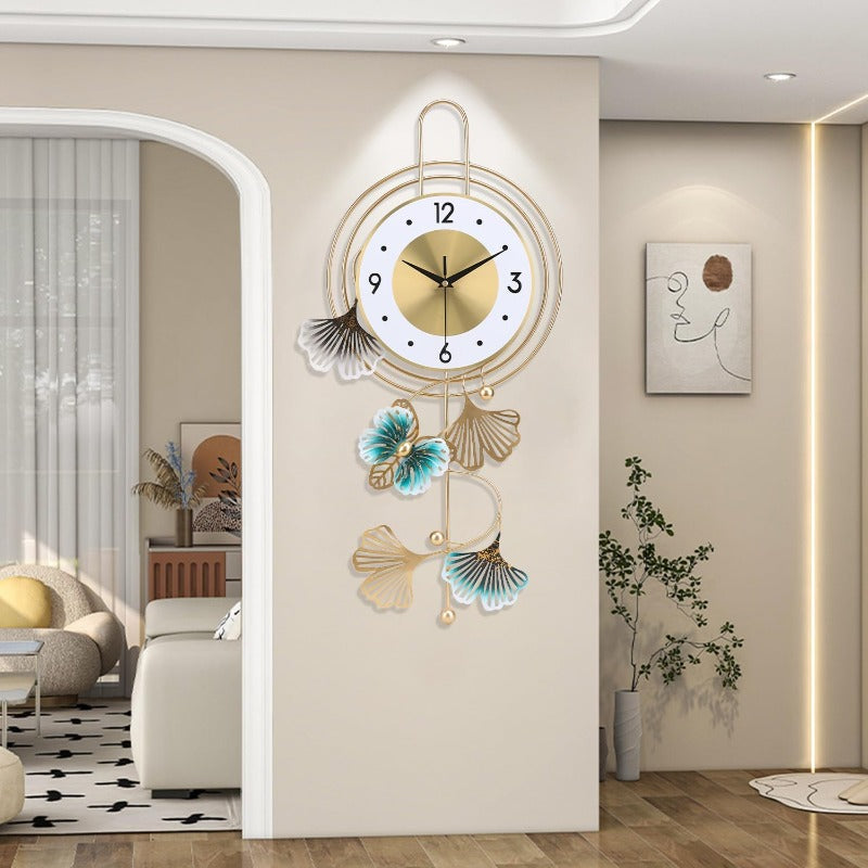 Large Modern Round Wall Clock with Golden Hands & Green Leaf Dial - Large Golden Hands, Green Leaf & Golden Butterfly Numbers, Large Black Face (12.5x25.5 Inch) Silent Non-Ticking Easy-to-Read Analog Clock for Living Room, Be