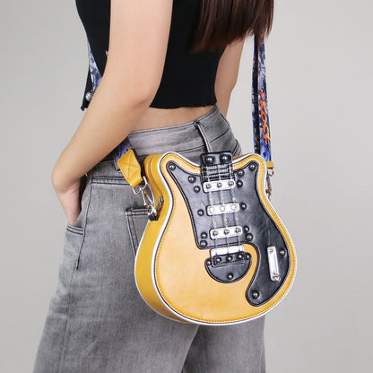 Women's & Unisex Y2K Retro Music-Themed Bass Guitar-Shaped Crossbody Bag with Detachable Strap, Golden-Tone Hardware & Zipper Closure - Band Style Handbag for Musicians & Music Lovers (Red/Black) - 2024 New Design with Chain