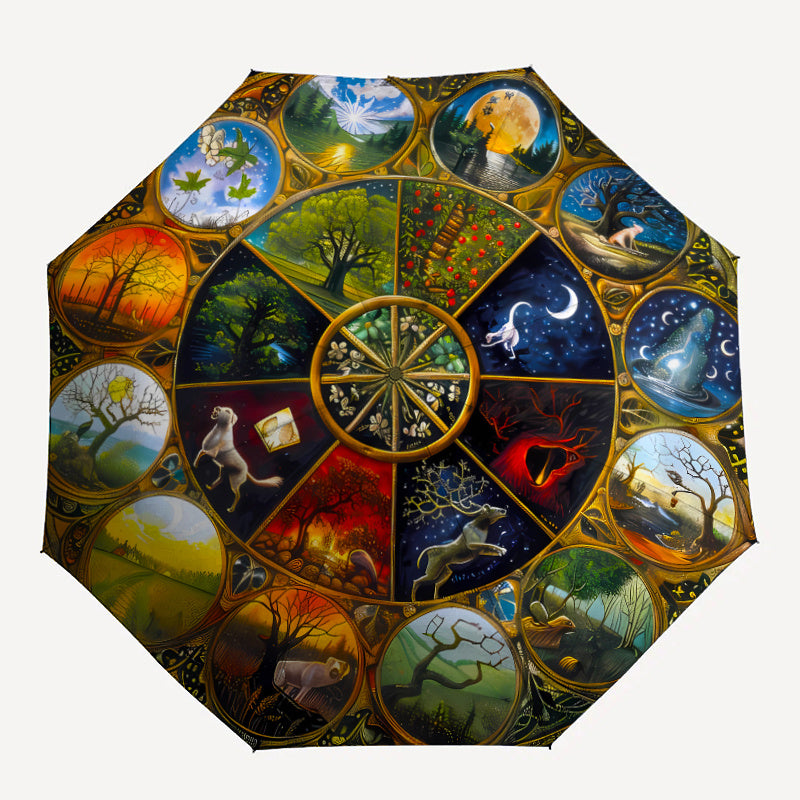 Automatic Open/Close Umbrella with 8-Rib Sturdy Frame - Auto Open Close Button, Portable Sunshade Canopy, Elegant Wheel of the Year Design with Seasonal Symbols (Winter, Spring, Summer, Fall) - Perfect Halloween, Christmas, B
