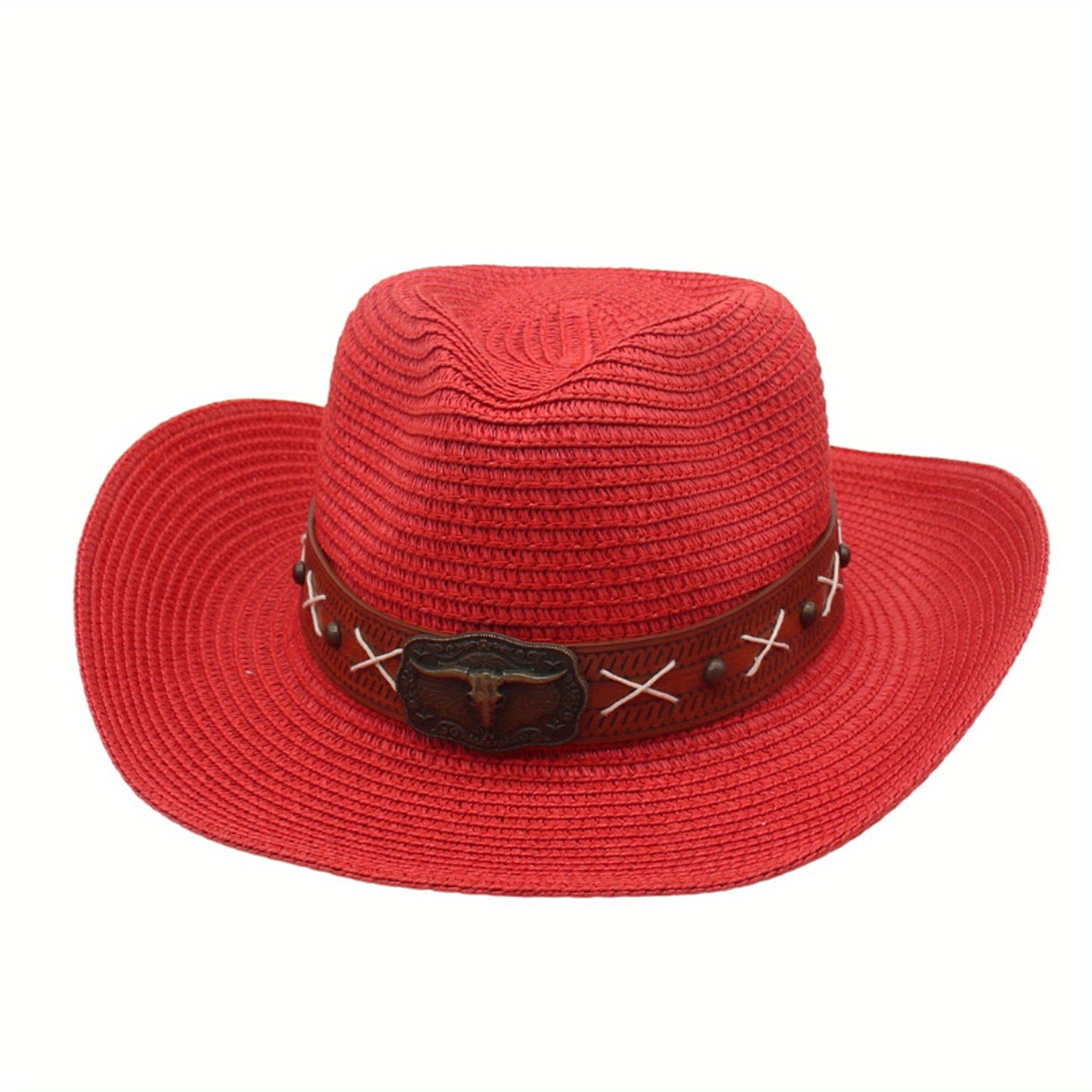 Men Women Straw Cowgirl Hat Wide Brim Stylish Bull Head Leather Belt Design Western Cap for Beach Daily Life Party