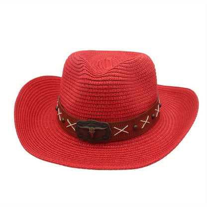 Men Women Straw Cowgirl Hat Wide Brim Stylish Bull Head Leather Belt Design Western Cap for Beach Daily Life Party