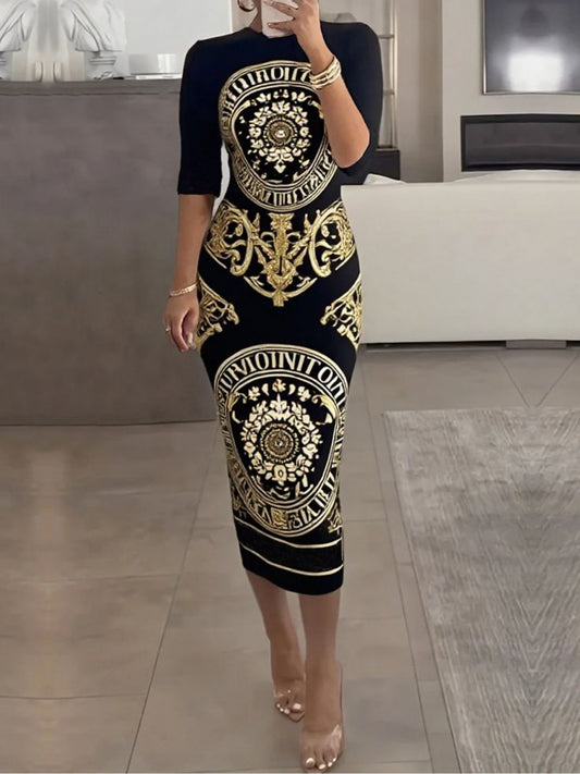 Plus Size - Plus Size, Women'S Elegant Black & Golden Baroque Totem Print Dress - Slim Fit Tall Length, Stretchy Light Beige-Friendly Fabric, Round Neck Short Sleeve, Luxury for party Dating & Everyday Outfit, All-Season Vers