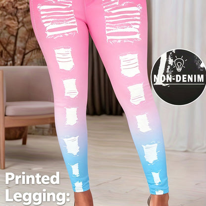 [Printed Pants - Not Denim Fabric] Printed Legging - Not Denim Fabric - Christmas Plus Size Women's Digital Print Denim-Look Leggings, Stretch Polyester, All-Season Casual Slim-Fit Pants, Regular Fit, Adult Sizes, Machine Was