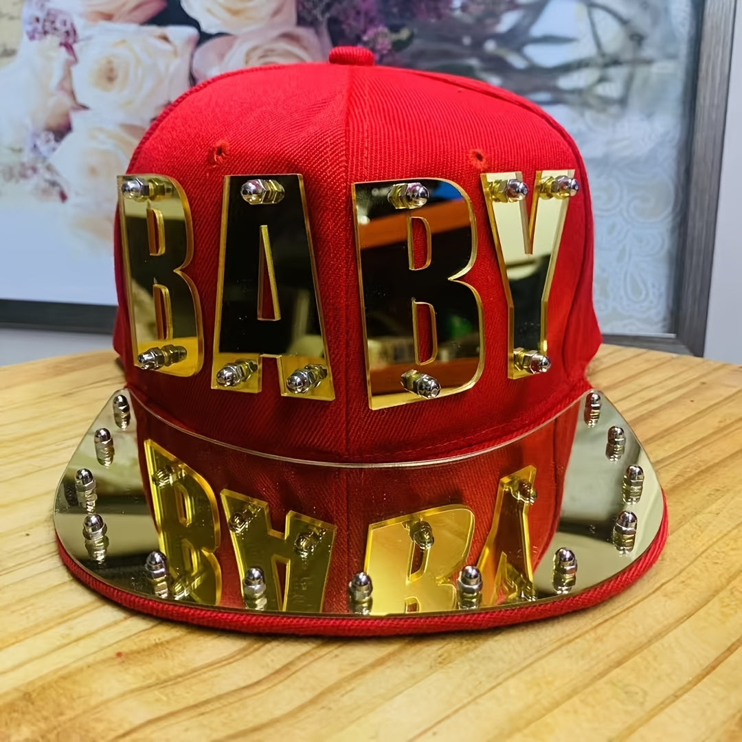 Punk Style Men'S Baseball Cap, 100% Polyester Lightweight Flat Brim Hat with Alphabet Pattern and Embellishments, Non-Stretch Fabric