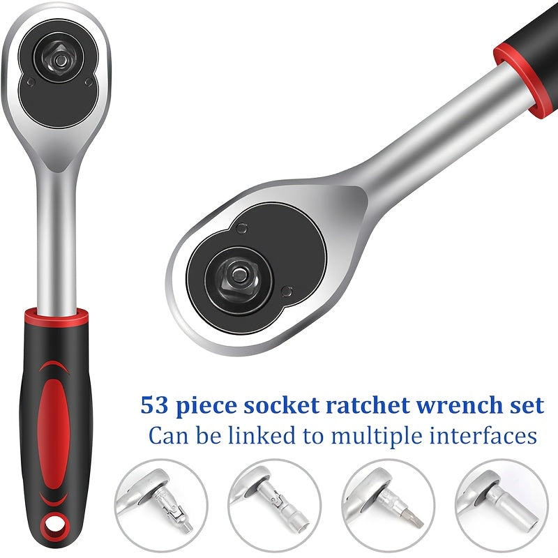 A Collection of 53 Mechanical Tool Kits, Including 1/2" And 1/4" Drive Depth And Standard Sockets, Ergonomic Handles, Ratchet Wrenches, Tools for Automotive And Bicycle Repairs, As Well As Household Maintenance Tools.
